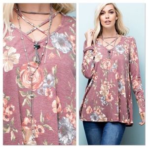Burgundy Floral Long Sleeve Knit Top